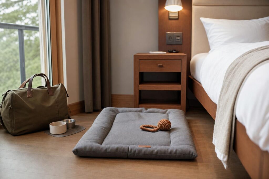 Mata do spania psa leży w pokoju hotelowym obok łóżka i torby podróżnej.
