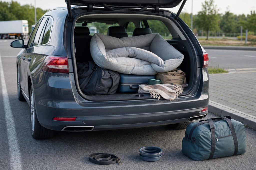 Otwarte auto z źle spakowanym posłaniem psa i akcesoriami podczas postoju w trasie